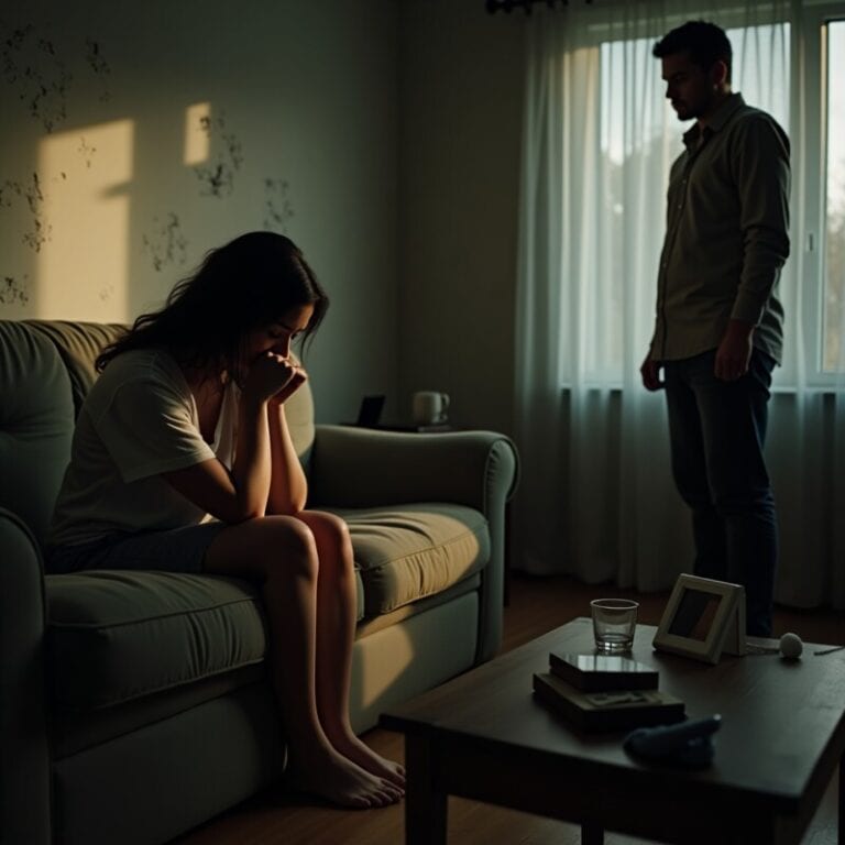 Woman distraught on the couch with her head in her hands in a dim room with a toxic partner looming nearby